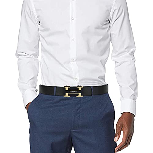 Image of GUSTAVE Men's Leather Free Adjustable Belt Strap Leather Belt Adjustable Auto Lock Buckle Belt for Men (Black) (Genuine Leather 2)
