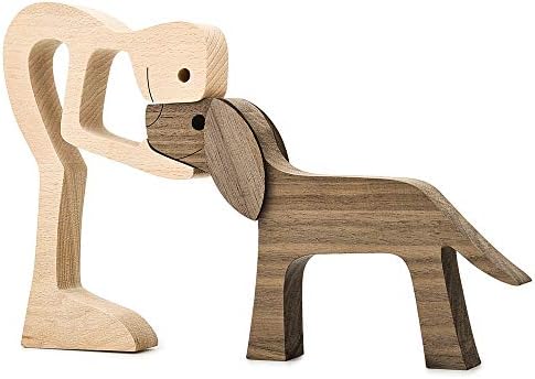 Wooden Sculptures Handmade Accents Craft Figurine for Home Decor Accents, Man and Dog Wooden Statue, Animal Sculptures Collection, Gift for Men Women Natural ECO Friendly Large Size 10x6x0.8 inches