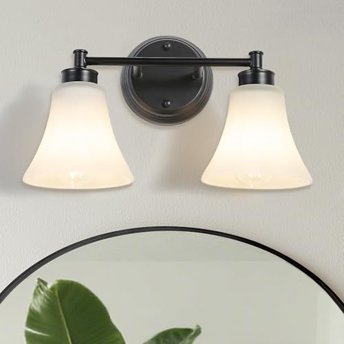Image of LOUSACE 2 Light Bathroom Vanity Light Matte Black Bathroom Lighting Fixtures Over Mirror with Opal White Frosted Glass, Vintage Traditional Wall Lighting Fixture Vanity Lights