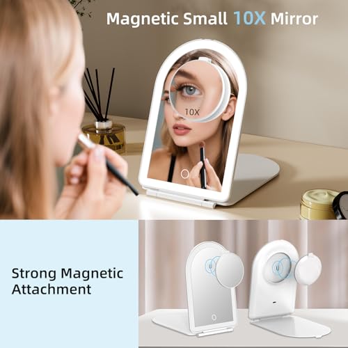 Image of FUNTOUCH Rechargeable Travel Makeup Mirror with Lights,Portable Lighted Compact Mirror with Small 10X Magnification,3 Color Lighting, Dimmable Touch Screen, Tabletop LED Folding Cosmetic Vanity Mirror