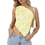 Naileksi Women Backless One Shoulder Sheer Lace Tank Sexy Sleeveless See Through Asymmetrical Hem Bandage Tie Back Top Yellow