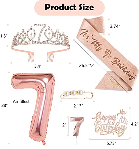 7Th Birthday Decorations For Girls, Including 7 Year Old Birthday Cake Topper, Birthday Queen Sash With Pearl Pin, Sweet Rhinestone Tiara Crown, Number Candles And Balloons Set, Rose Gold #TOP1