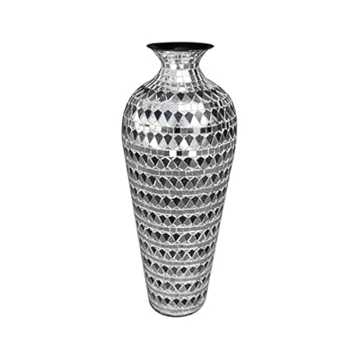 20 Inch Floor Vase, Mosaic Vase, Decorative Tall Vase, Accent Vase for Home Decor Geometric Pattern Designer Metal Vase with Glass Mosaic- Elegant Silver & Black Tessellation Pattern