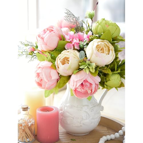 Image of FiveSeasonStuff Artificial Peony Bouquet, Pink, Beige & Green Silk Flowers for Wedding Centerpieces, Bridal Bouquets & Home Decor - Spring Waltz