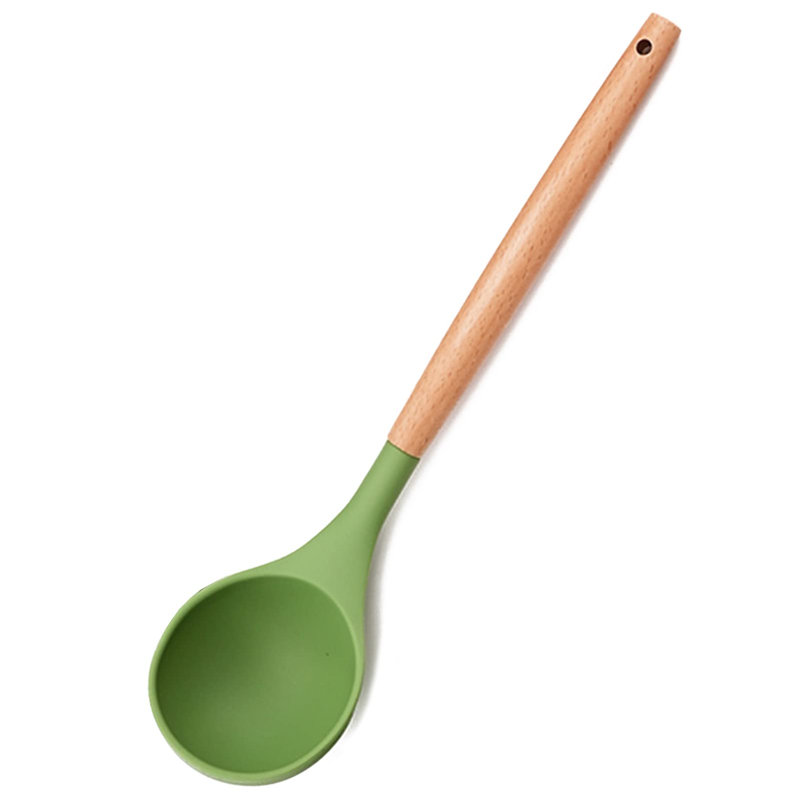 BRIIEC 1pcs Avocado Green Silicone Cooking Utensils Heat Resistant Deep Soup Ladle with Wooden Handle, Nonstick Serving Scoop for Sauce, Soup, Stew, Chili, Salad Dressing, Sauce Spoon.