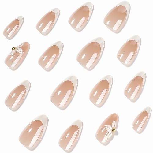 Image of White French Tip Press on Nails Flower Fake Nails Almond Nails Press ons | Chrome False Nails with Design Reusable Glossy Full Cover 3D Floral Stick on Nails for Women Nails DIY Decoration 24Pcs