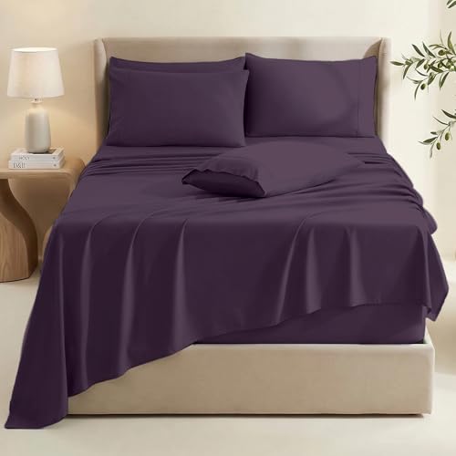 Image of Hearth & Harbor Extra Deep Pocket Sheets - Fits Mattress 18-24 Inches Deep - Extra Deep Pocket Split King Size Sets - 7 Piece Split King Size - Eggplant