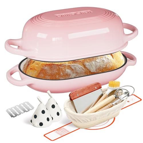 Enameled Cast Iron Sourdough Bread Oven Dutch Oven for Bread Baking - incl. Sourdough Bread-Baking Supplies like Banneton Bread-Proofing Basket - 5QT Loaf Cast Iron Bread Pan-Making Kit Pan Pot Sour Sough Tools Lame (Pink)