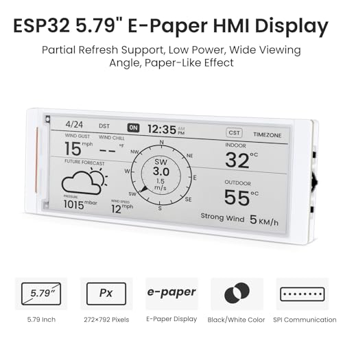 Image of ELECROW ESP32 E-Ink Display 5.79 Inch, CrowPanel E-Paper HMI Display Compatible with Arduino IDE, E Ink Screen with 272x792 Resolution Black /White Color, Driven by SPI Interface