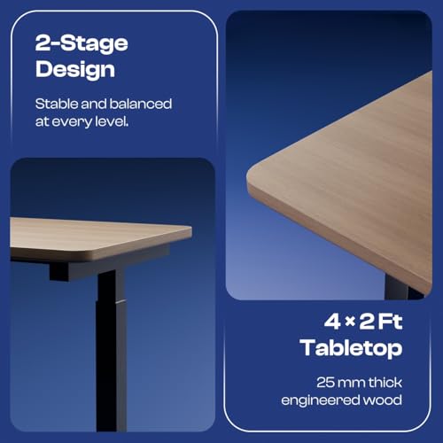 Image of Vergo Move M1 Manual Height Adjustable Table, Standing Desk for Work from Home, Hand Crank Office Table with 2 Stages, 80 Kg Load, 2 Year Warranty, (Teak, 1200 x 600mm / 25mm Thick)