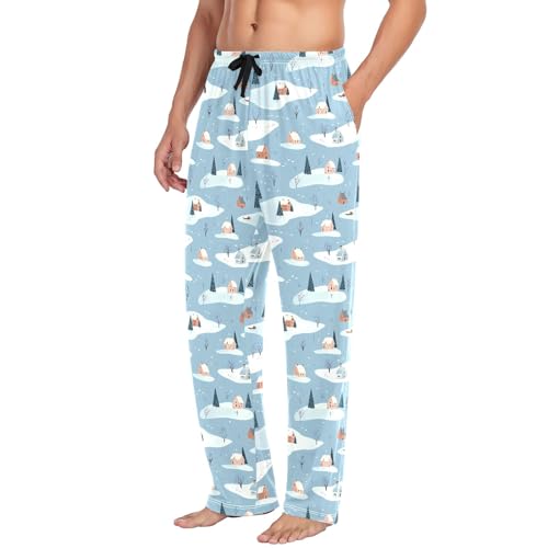 Mens Cotton Pajama Pants Sleep Lounge Pj Bottoms Sleepwear with Pockets Drawstring S Blue Winter House Tree4