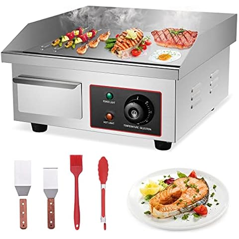 PNKKODW Commercial Electric Griddle, 1500W Countertop Top Grill, 14in Stainless Steel Griddle Grill Countertop Griddle Hot Plate, Adjustable Temp Restaurant Grill with Cooking Accessories Cover
