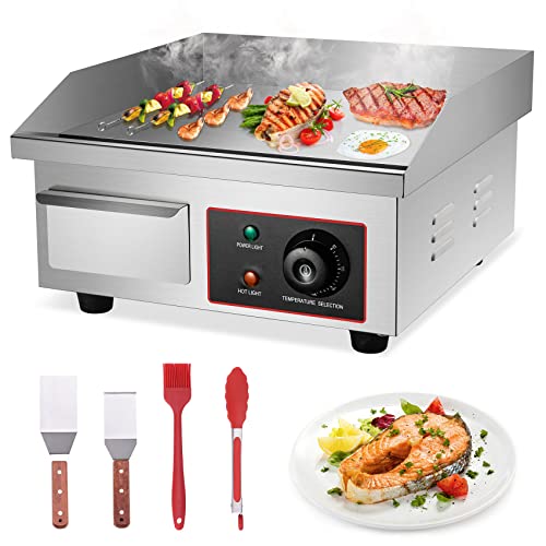 PNKKODW 1500W Commercial Griddle,14” Electric Griddles Grill,Commercial Flat Top Griddle Countertop Griddle Hot Plate Kitchen Stainless Steel Restaurant Grill with Griddle Accessories