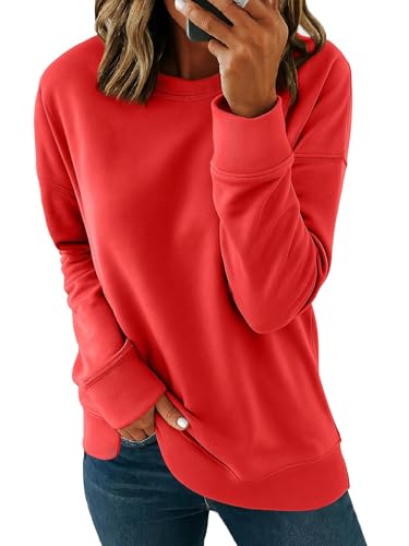 SMENG Ropa Mujer Sudaderas sin Capucha Cuello Redondo Color sólido Moda Casual Flexibilización Basicas Suave Sudadera Rojo S