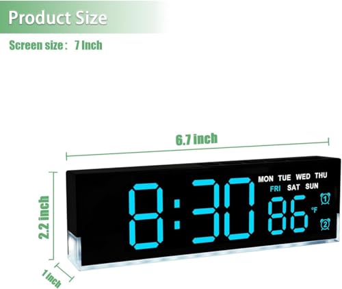 Image of DRUCILA 7-Inch LED Digital Alarm Clock with Bottom Glow Light|Displays Time, Date, Day, Temperature|Dual Alarms, DST, Manual 3-Level Brightness, USB Powered Desk Clock,Blue fornt and White case Cover