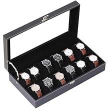 AUTOARK Leather & Velvet 12 Watch Box Glass Top Jewelry Display Lockable Case Organizer,Removable Watch Pillows,Black,MKAW105