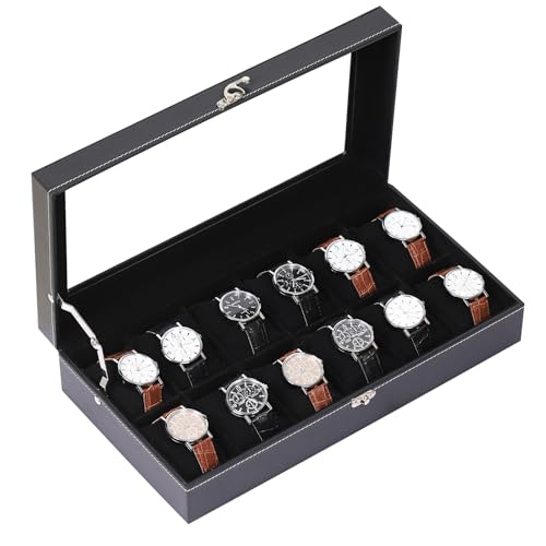 AUTOARK Leather & Velvet 12 Watch Box Glass Top Jewelry Display Lockable Case Organizer,Removable Watch Pillows,Black,MKAW105
