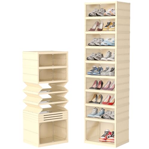 Shoe Organizer Storage Box,No-Assembly 9 Tiers Foldable Shoe Rack with Clear Door, Large Sneaker Cabinet Bins for Living Room, Cloakroom, Entryway