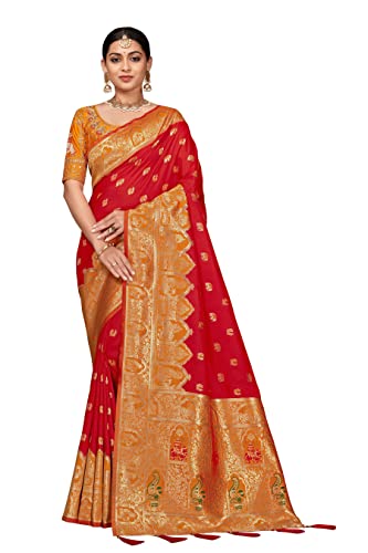 MANOHARI Women's Red Banarasi Silk Woven Saree with Unstitch Blouse Piece_MN1381