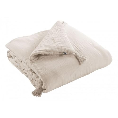 Mylittlebed Edredon Dessus de lit L’Effet Papillon 90x200 cm – Chemin de lit 100% Gaze de Coton avec Finition Pompons [ Dessus de Lits et Couvre-Lits ] (Beige Pampa)