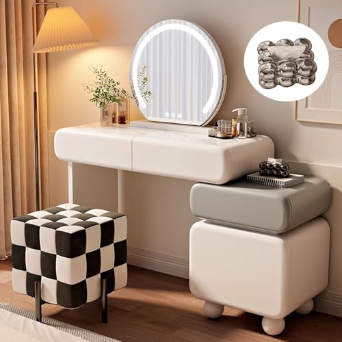 LVYWEX Tocador con Espejo Iluminado,Escritorio Extensible 4 Cajones Grandes,Estilo Minimalista Blanco/Gris,3 Banquillos Opcionales(C,White+Grey_100CM)