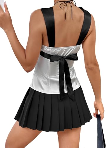 SHENHE Women's Satin Tie Back Tank Top Color Block Wide Strap Scoop Neck Silky Top3