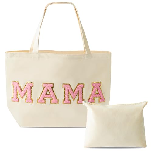 B1ykin Mother's Day 2Pcs Pink Mama Chenille Letter Patches Canvas Tote Bag, Appreciation Gift Bag with Linen Color Zipper Pocket, Travel Handbag Zipper Pouch for Women Mother Birthday Party Shopping