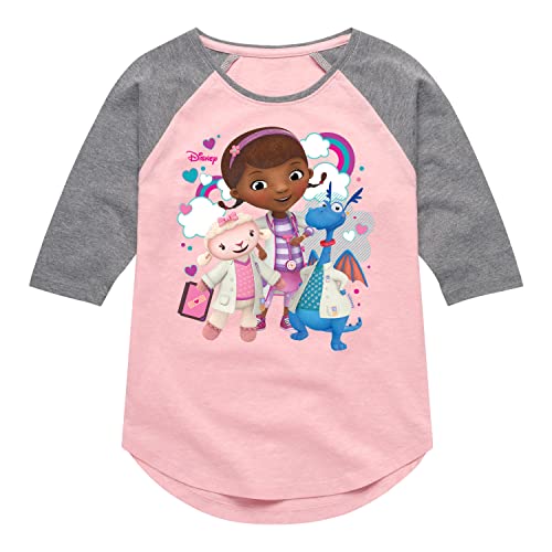 Disney Doc McStuffins - Group with Rainbows - Toddler and Youth Girls Raglan Graphic T-Shirt - Size Medium
