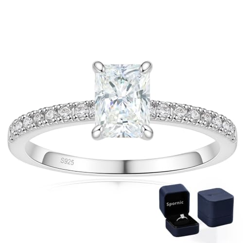 Spornic 1/2/3/4 CT Emerald Cut Moissanite Engagement Rings for Women, D Color VVS1 Grade Moissanite Ring S925 Sterling Silver Solitaire Anniversary Promise Wedding Band Size 4-11