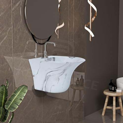 Image of REMANENCE Luxury Wall Mount Half Pedestal Wash Basin for Bathroom | Designer Wall Hung Basin | Wall Mounted Washbasin for Resturent, Hotels (16 x 16 x 11 Inch) (Marble Grey)
