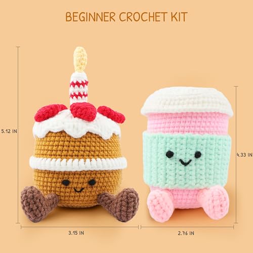 Image of HOUSE CREATIVITY Crochet Kit for Beginners - Create a Cute Cake & Coffee Scene, Amigurumi Crochet Starter Kit with Video Tutorial, Yarn & Hook, DIY Dessert Desk Decor for Coffee Lovers
