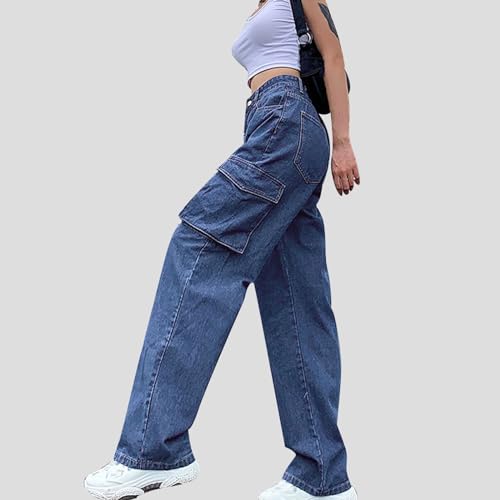 Women's Cargo Jeans Straight Leg Baggy Denim Pants High Waisted Boyfriend Jeans with Multi Pockets for Teen Girls4