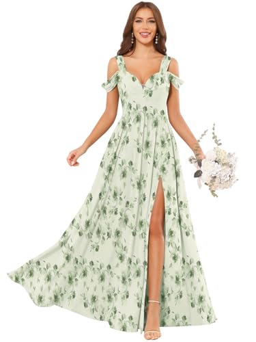 GUKARLEED Women’s Cold Shoulder Bridesmaid Dresses Wrap Ruched Chiffon A-line V Neck Long Slit Formal Dress for Wedding Guest