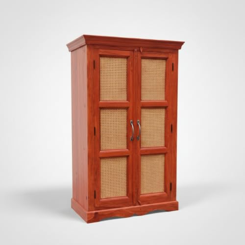 Image of APRODZ Mojo Sheesham Wood Two Door Cane Wardrobe (Sheesham Wood - Honey)