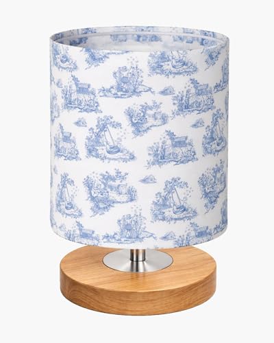 Image of Homesake Small Pine LED Table Lamp-Wooden Bedside Lamp Simple Bedroom Light Linen Shade Mini Desk Lamp Nightstand Lamps for Bedroom, Living Room, Gift, (Clip Printed Shade)