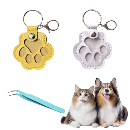 SSJkeji Hundehaar-Sammler Schlüsselanhänger mit Druckknopf – Leder-Anhänger zur Tierhaar-Aufbewahrung als Haustier-Memory Erinnerungsbox, Fell-Andenken, hängende Pfote Design (Weiß+Gelb)