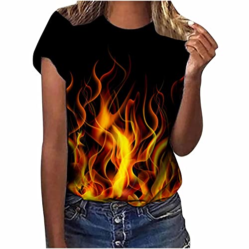 Women' Fire Print T Shirts, Women Casual Summer Short Sleeve Tie