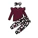 ZOEREA Bébé Fille Ensemble de Vêtements 3 Pièces Mode Manches Longues Tops à Volants + Pantalon à Fleurs + Bandeau Enfants Tenues Set,2-3 ans,Vin Rouge