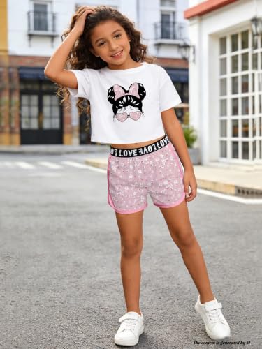 Image of Betusline Girls Summer 2 Piece Outfits,Kids Short Sleeve Crop Top & Shorts Set with Side Pockets