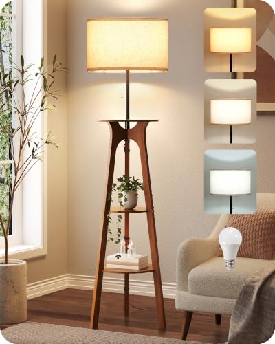 GOEBLESON Lampadaire Trépied avec Tablette, Lampe sur Pied avec 3 Étagères