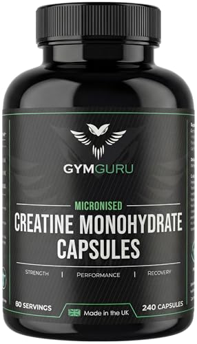 Gym Guru® Creatine Monohydrate Capsules (UK Made) - 240 Creatine Tablets, Micronized, 3000mg, 60 Servings - Vegan Gym Supplement for Men & Women - Muscle Growth, Strength & Performance