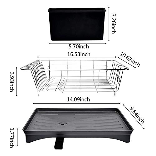 DOUBLE 2 C Dish Drying Rack, Stainless Steel Dish Drainer for Kitchen, Small Dish Drainer Rack for Kitchen Counter, Set of Rustproof Dish Rack and Drainboard (Black)