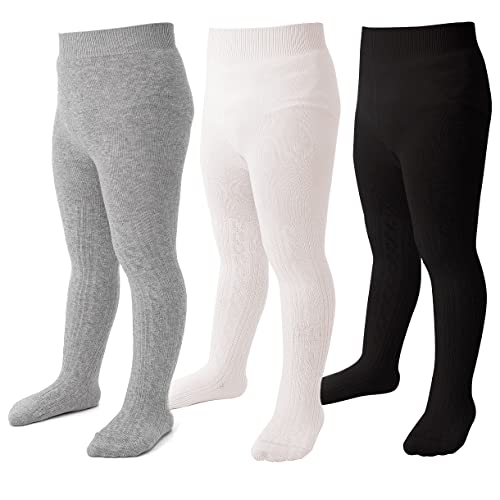 Marchare - Marchare Baby Girls Tights Thick Solid Cable Knit Leggings Winter Warm Stockings For Toddler Girls 1-2T Black/Ivory White/Light Grey 3 Pack