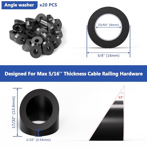 Image of 20 Pack 0.35 inch ID T316 Angle Washers Max for 5 /16 inch Cable Railing Hardware, Marine Grade Stainless Steel 33 Angle Beveled Washers for Stair Deck Metal Wood Aluminum End Posts, Black
