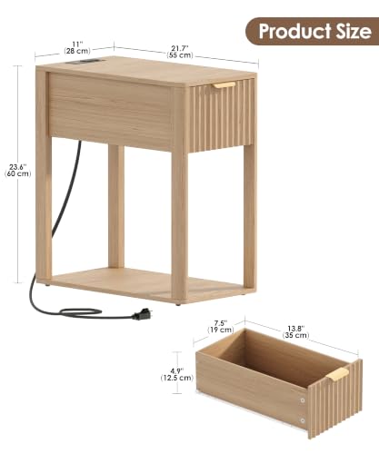 Image of Akxomel Narrow Nightstand with Charging Station Fluted Table Walnut
