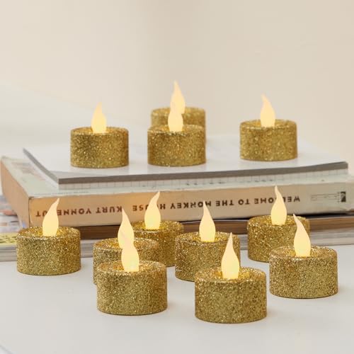 Image of FURORA LIGHTING Gold Glitter Flameless Tealights - 1.45 inch W x 1.57 inch H, 12-Pack, Batteries Included