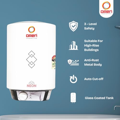 Image of Omen Changing Lives Neon 6Ltr Storage Water Heater (Geyser) | BEE 5 Star Rating | Glassline Tank | Advanced Multi-Layered Safety | Suitable For Hard Water & High-Rise Buildings | 7 Year Tank Warranty