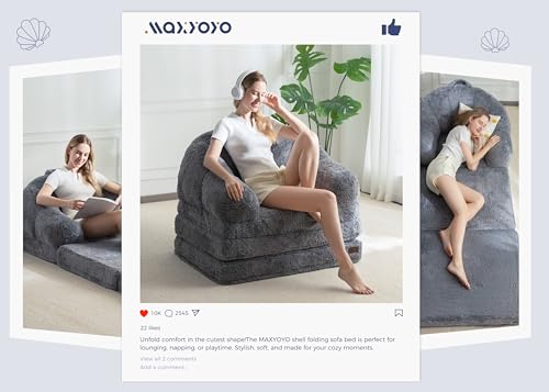 Image of MAXYOYO Folding Sofa Bed, 2 in 1 Convertible Sofa to Lounger Comfy Single Bean Bag Chair for Adults, Floor Couch with Handle, Faux Fur Couch Bed for Living Room Bedroom, Grey