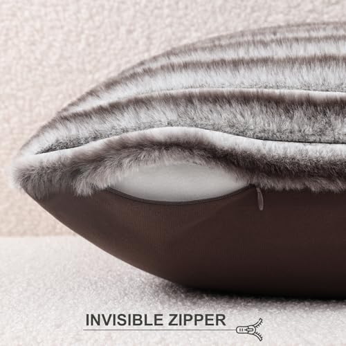 Image of Pallene Faux Fur Plush Lumbar Throw Pillow Covers 12x20 Set of 2, Luxury Soft Fluffy Striped Decorative Pillow Covers for Sofa, Couch, Living Room, Ombre Coffee