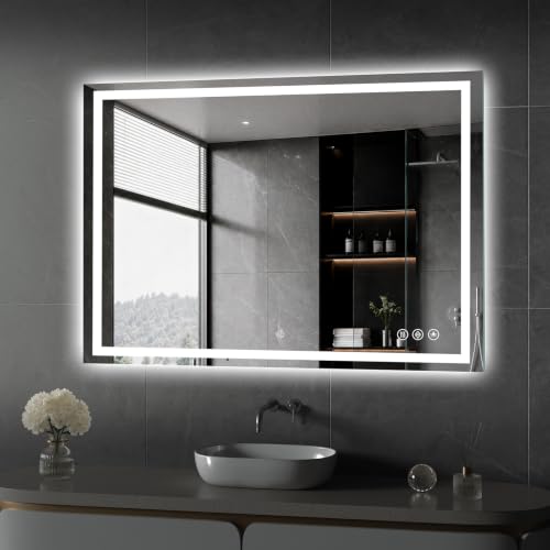 Image of Koonmi 42x36 LED Bathroom Mirror with Light, Anti-Fog, 3 Colors | Backlit + Front Lit, Dimmable Brightness, Shatterproof HD Distortion-Free Tempered Glass, Hardware Included